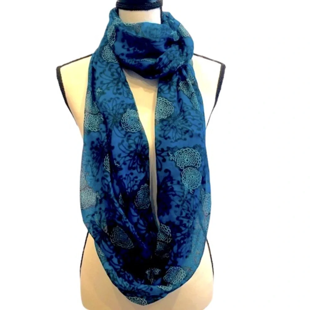 Chatties Blue Black Floral Semi Sheer Infinity Scarf 25 inches long